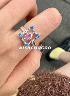 wishgoogoo自制一点蓝纯银戒指女锆石夏日精致百搭叠戴几何开口戒