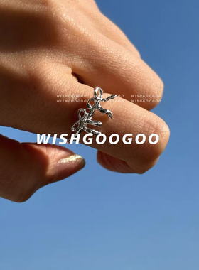 WISHGOOGOO双蝴蝶结925纯银戒指女韩系小众ins风不规则褶皱开口戒