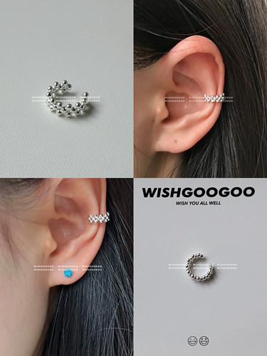 WISHGOOGOO小圆珠耳夹素圈女ins韩系简约925纯银百搭叠戴耳饰