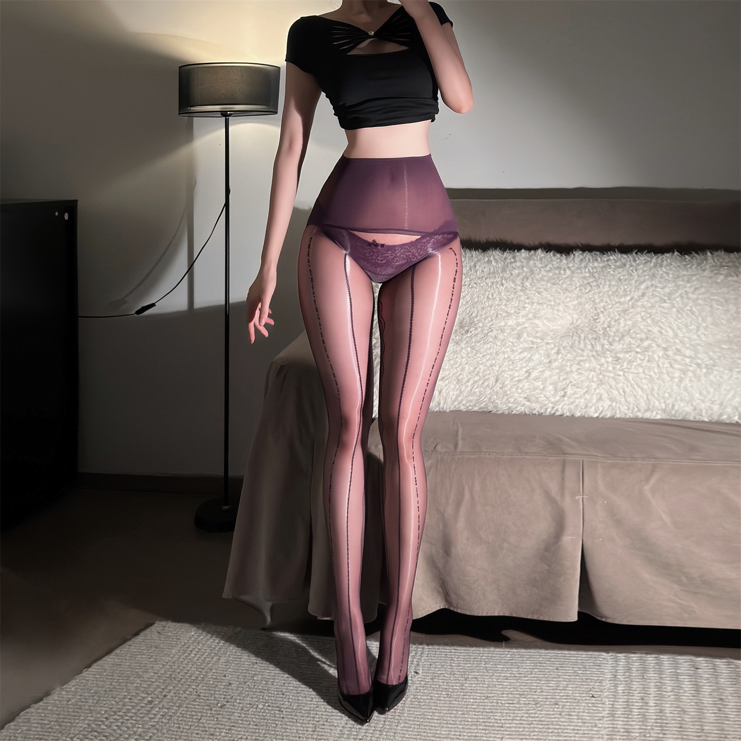 性感电波开裆极光黑丝油亮裤袜女