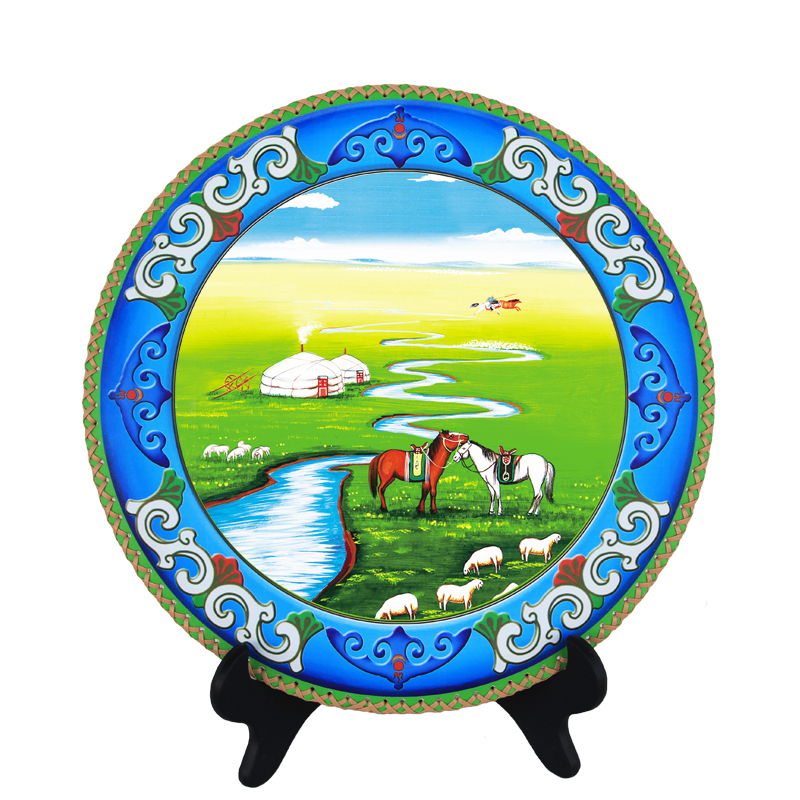 内蒙古创意装饰民族手工艺超纤皮革圆盘摆台画蒙古包客厅蒙餐精品图片