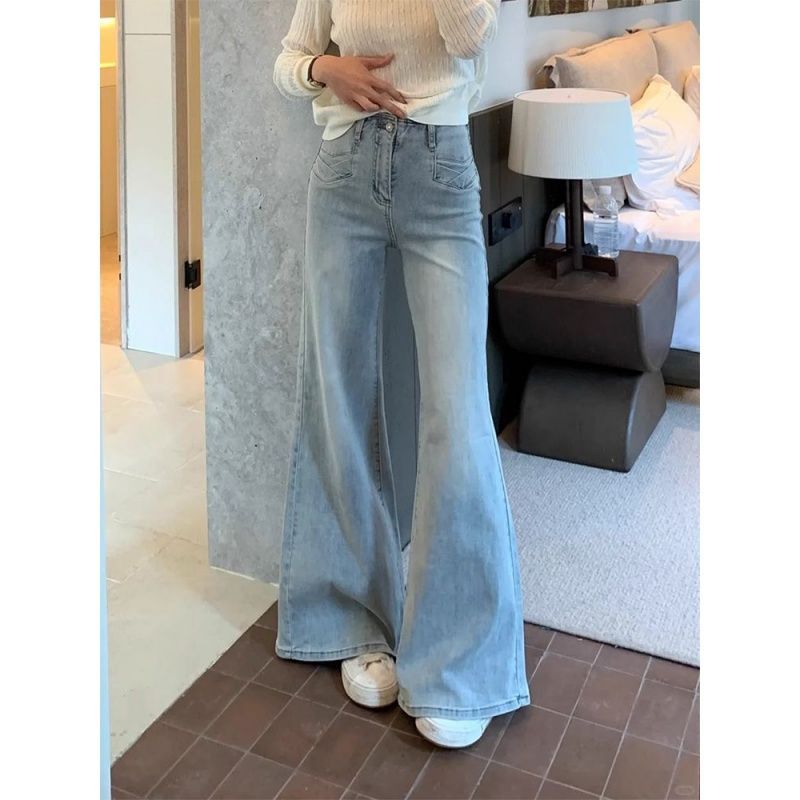 复古浅蓝微喇牛仔裤女双口袋明线设计石磨做旧洗水垂感拖地长裤潮图片