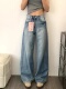 子百搭宽松休闲拖地长裤 复古高腰直筒裤 女夏季 水洗蓝色阔腿牛仔裤