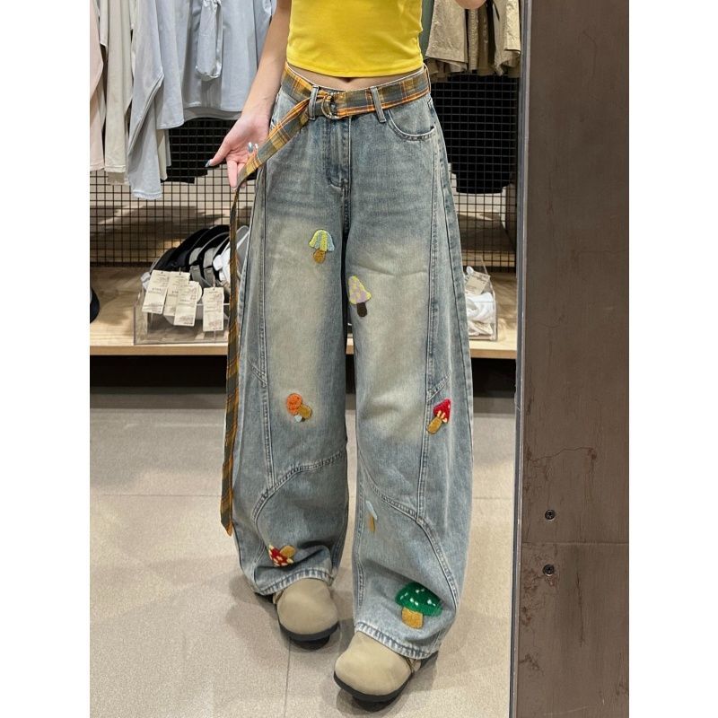 牛仔裤女秋冬美式卡通蘑菇刺绣设计感弯刀裤潮流百搭美式高街裤子