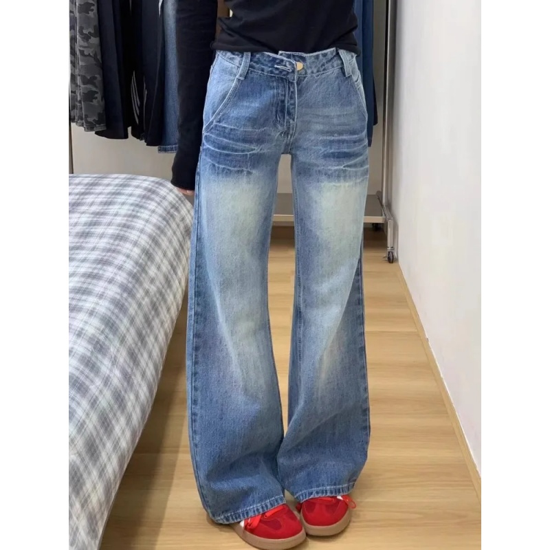 复古蓝不贴腿微喇牛仔裤女秋季新款高腰显瘦百搭直筒阔腿拖地裤子