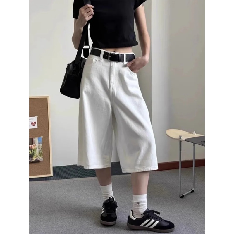简约白色直筒牛仔七分短裤女夏季新款高腰宽松显瘦休闲阔腿中裤子