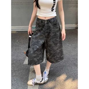 美式复古高腰牛仔七分裤女款迷彩裤子夏季新款2025年直筒阔腿中裤