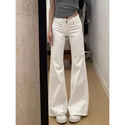 白色低腰辣妹微喇牛仔裤女美式秋季修身显瘦宽松通勤百搭阔腿长裤
