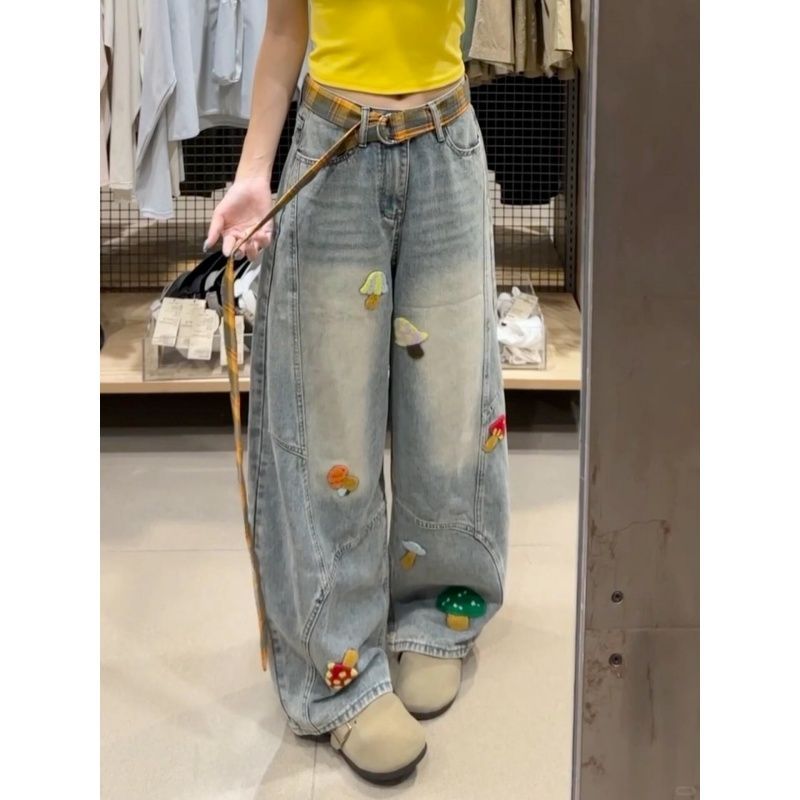 美式复古毛巾刺绣弯刀2025年秋季卡通牛仔裤新款设计宽松拖地裤子