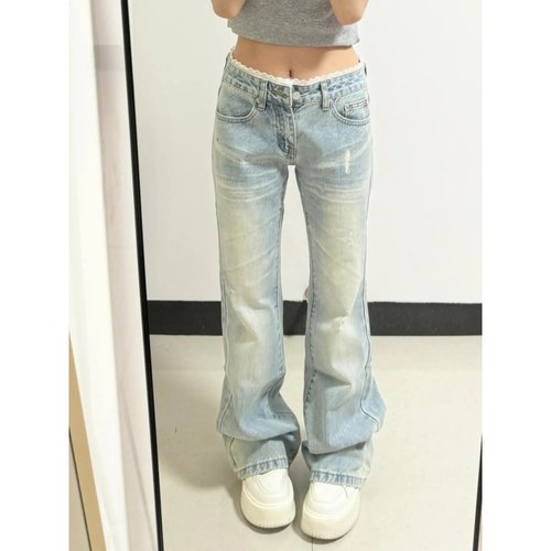 显瘦辣妹拼接喇叭拖地马蹄长裤