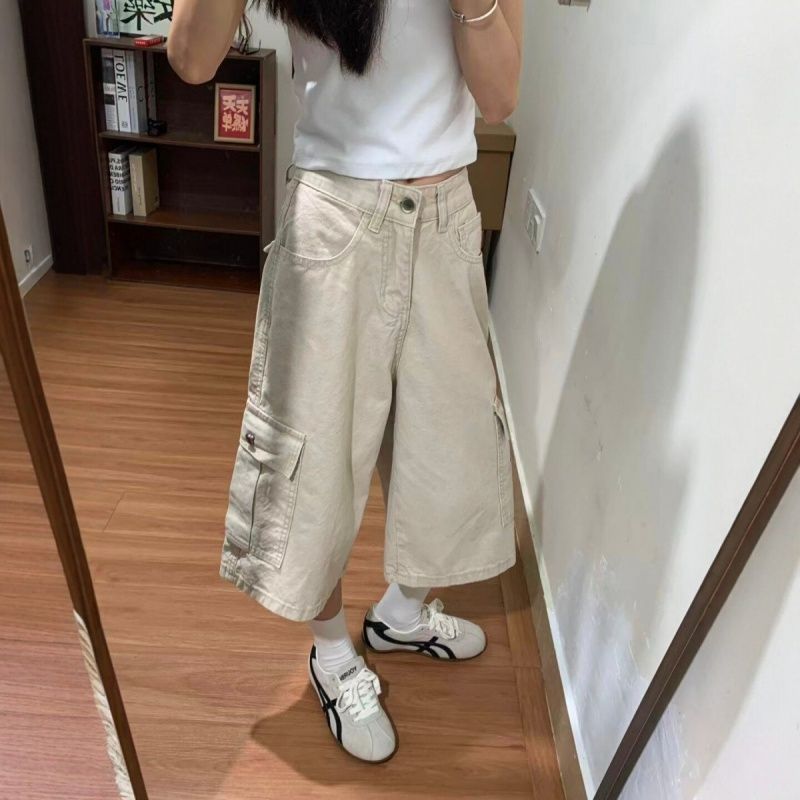 杏色多口袋工装七分牛仔裤女夏季新款宽松百搭显瘦阔腿时尚中裤子图片