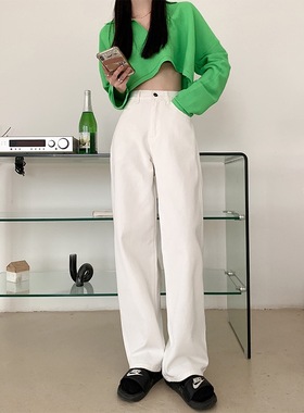 ZAVK2020秋冬新品高腰修身牛仔褶皱拖地长裤老爹裤阔腿白色直筒裤