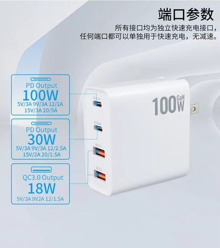 100W氮化镓充电器 支持9V12V15V20V快充QC快充头适用于华为小米苹果联系笔记本电源适配器130w