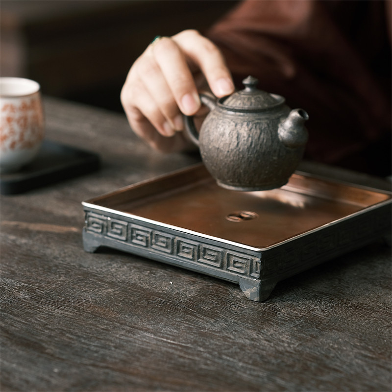不亦室 铜盖包银方形茶盘壶承 铜钱入水口