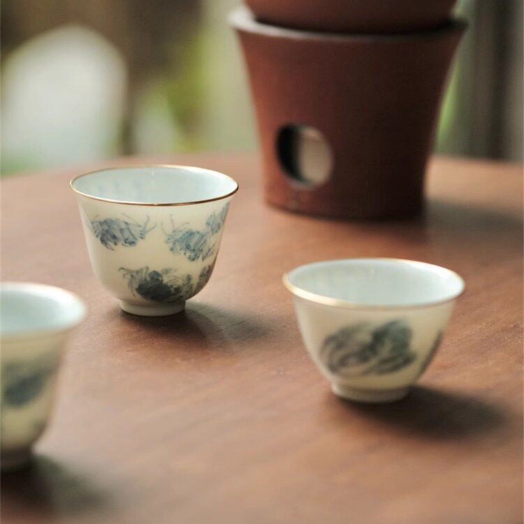 不亦室 清物堂 李珺娜手绘青花品茗杯 包金口柴窑茶杯 主人杯