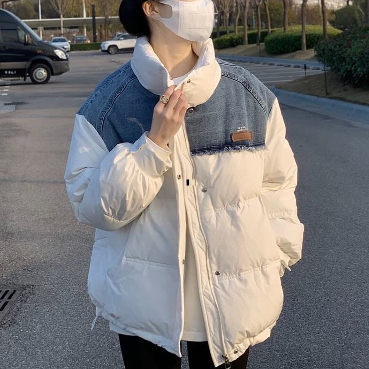 牛仔拼接女装上衣秋冬欧货派克服中长款羽绒面包服保暖加厚棉袄
