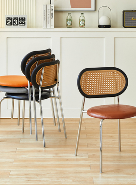 北欧藤编餐椅家用轻奢ins 仿中古实木网红民宿餐厅复古编藤靠背椅