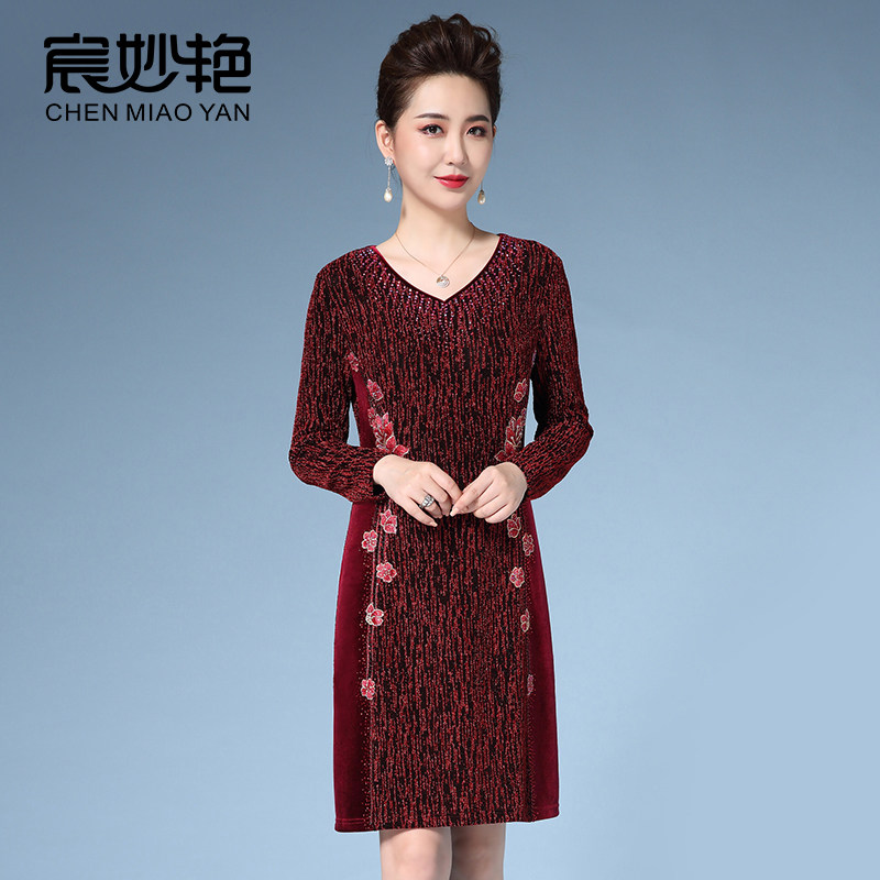 高贵优雅气质丝绒连衣裙修身显瘦小个子妈妈装洋气阔太太直筒裙