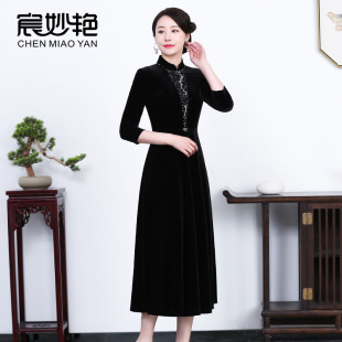 阔太太丝绒连衣裙大码女装蕾丝改良旗袍优雅显瘦年会宴会礼服女