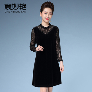 妈妈装新款金丝绒连衣裙阔太太高贵洋气中老年女装气质打底裙子