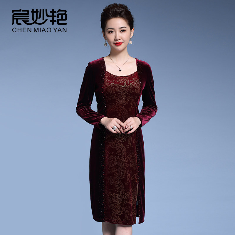 名媛气质金丝绒连衣裙小个子妈妈装直筒裙高贵优雅阔太太直筒裙