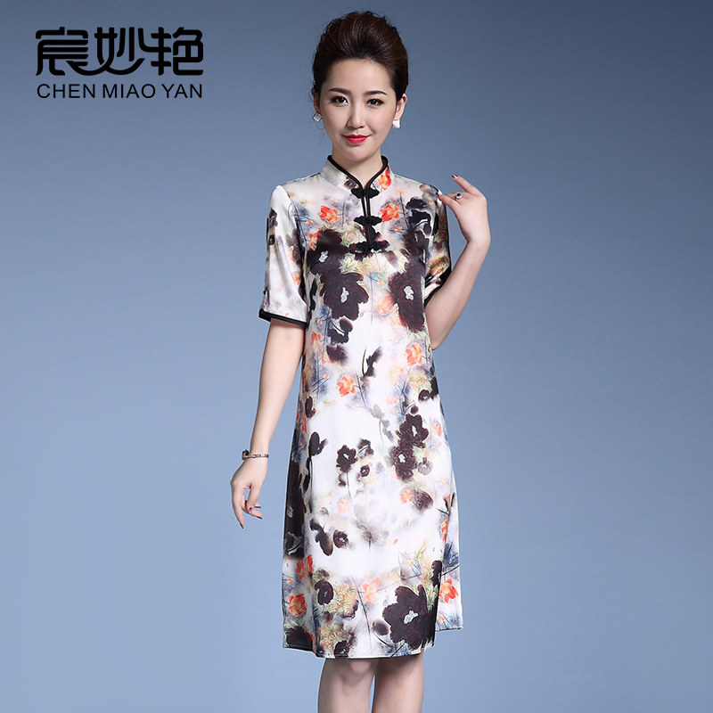 重磅真丝连衣裙夏季女中长款印花气质妈妈桑蚕丝民族风改良旗袍裙