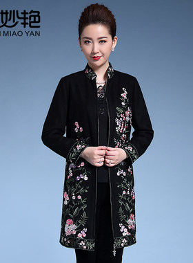 加厚复古刺绣宽松大码呢子妈妈装