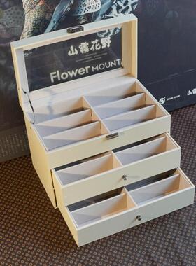 白色大容量3层眼镜盒 pu皮革18位眼镜收藏收纳盒带玻璃天窗展示盒