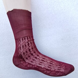 库存恒美牌锦纶丝袜酒红色水曲纹提花薄款中筒松口不卡腿23-27