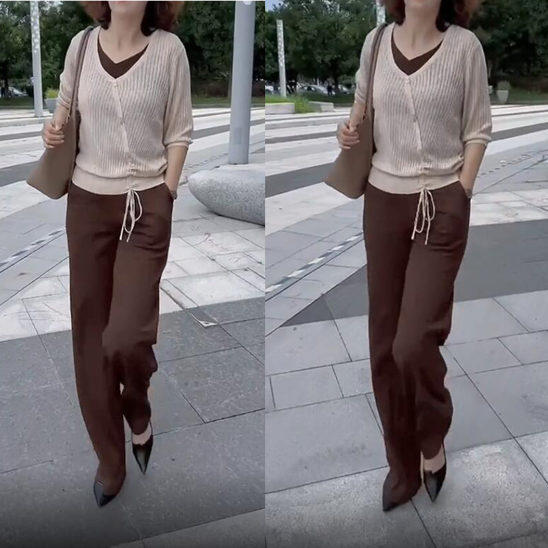 抖音迷姿绣服饰同款米色v领单排扣抽绳设计针织衫时尚咖色休闲裤