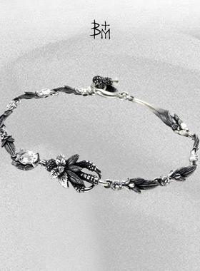 血腥玛丽生彩镶嵌白色托帕石925纯银手链男女兽爪花卉羽毛写实