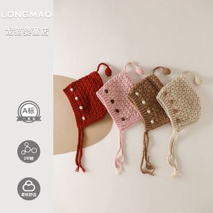 满月宝宝帽子冬季洋气超萌婴童百搭保暖系绳护耳帽婴儿包头帽冬款