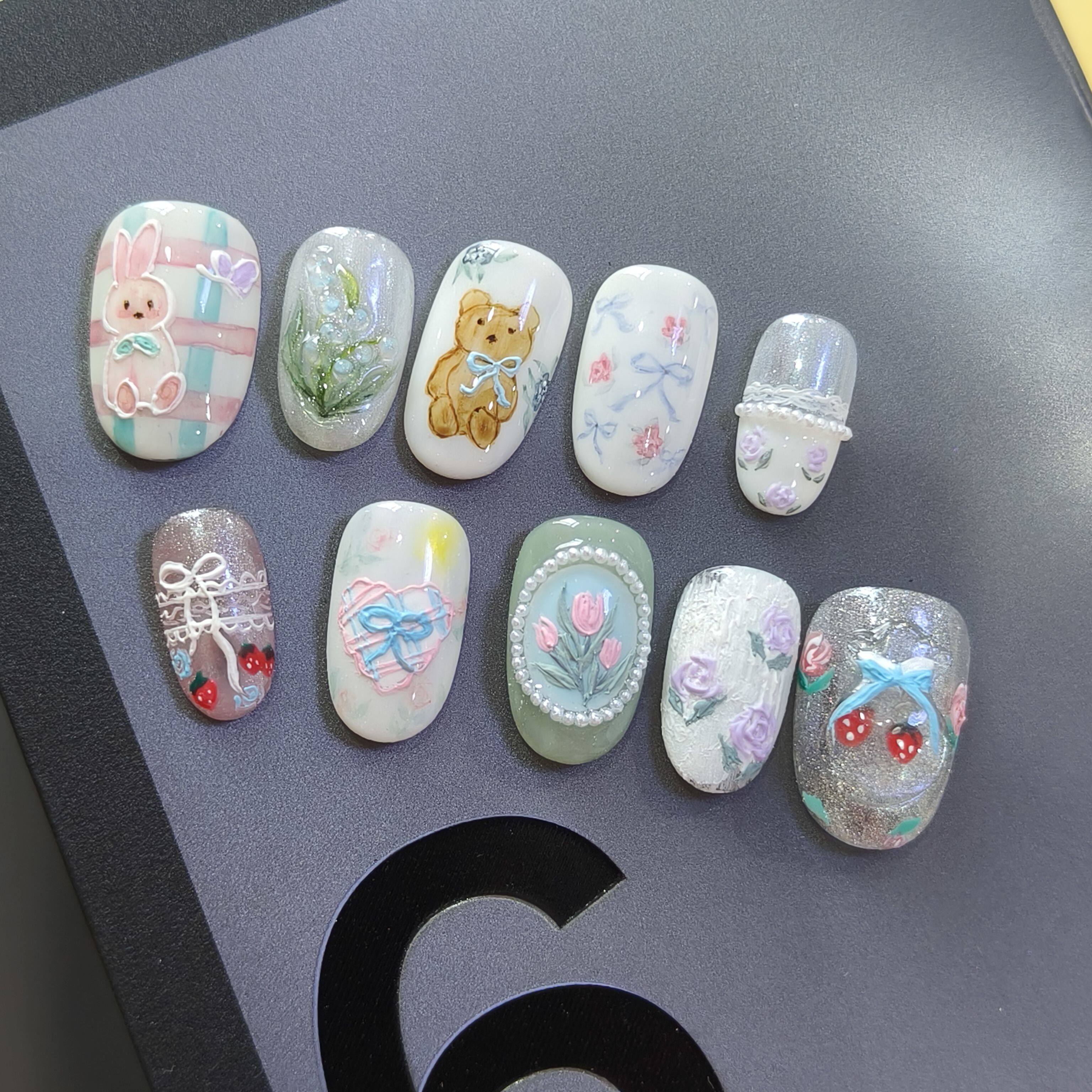 手绘蕾丝水彩油画风浮雕日韩可爱立体纯公主手工穿戴甲甲片定制