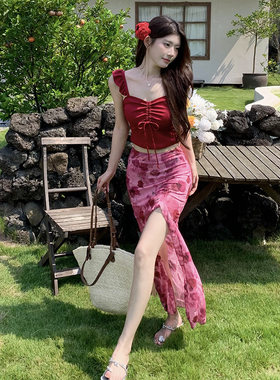 【绯红玫瑰】泳衣女分体三件套性感开叉长裙绝美度假大码胖mm显瘦