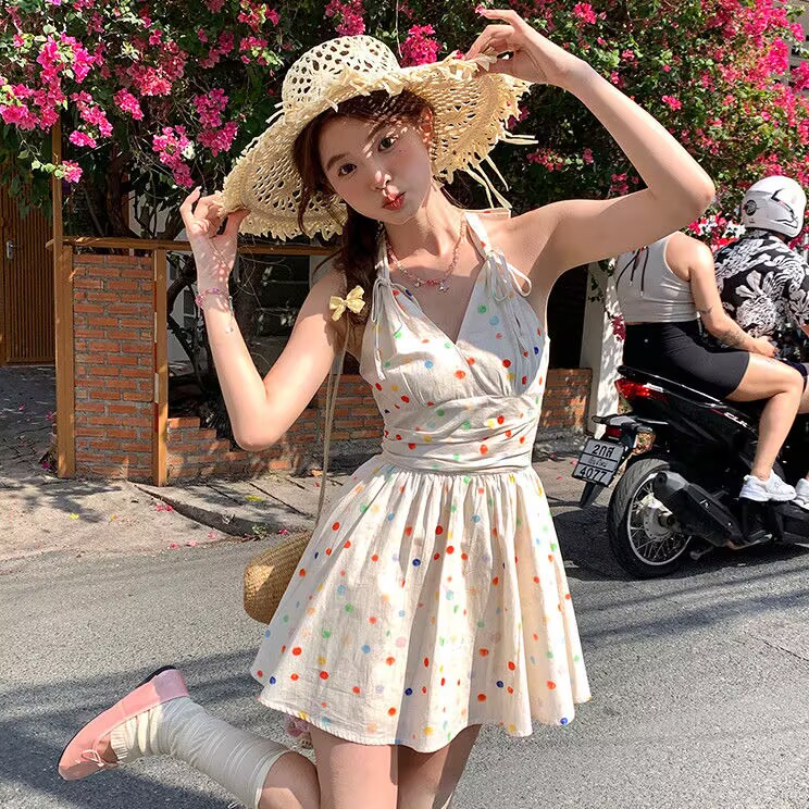 小清新彩虹波点新款蝴蝶系绳遮肉连体泳衣女遮肚收腰显瘦裙式泳装