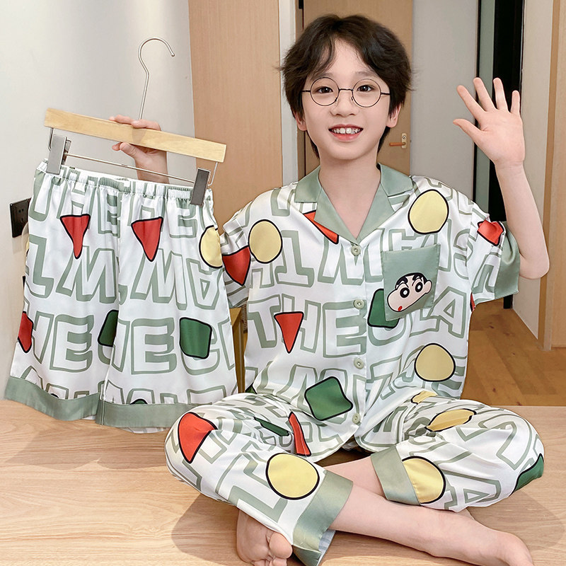 三件套男童睡衣夏季冰丝短袖薄款2026新款儿童男孩大童家居服夏款