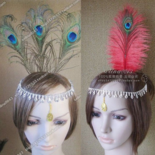 民族舞头饰傣族舞蹈孔雀舞头饰孔雀毛头饰杨丽萍红色绿色孔雀羽毛