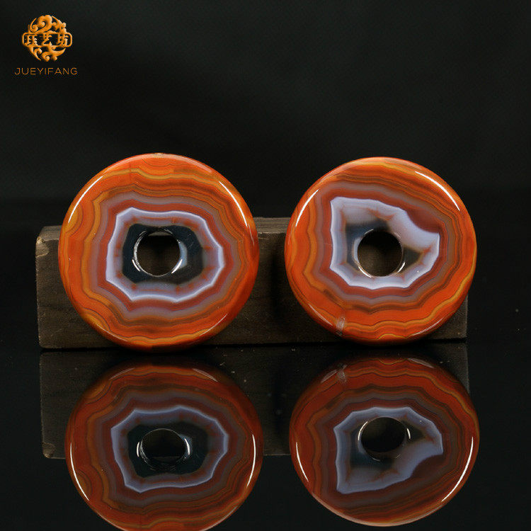 珏艺坊宣化战国红玛瑙精品同料成对红黄封闭缠丝平安扣 KD211