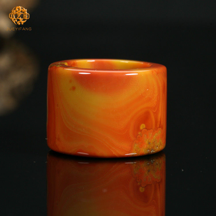 珏艺坊宣化战国红玛瑙精品艳红黄直筒扳指指环戒指 BZ2272