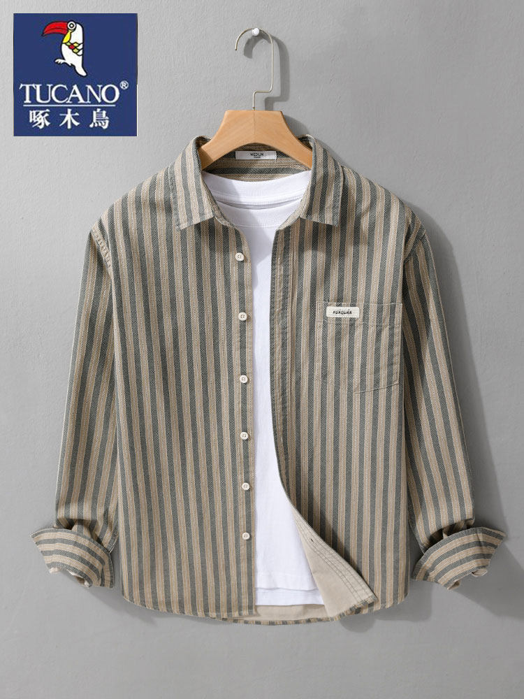 Woodpecker Men's Striped Long Sleeve Shirt Spring and Autumn Casu