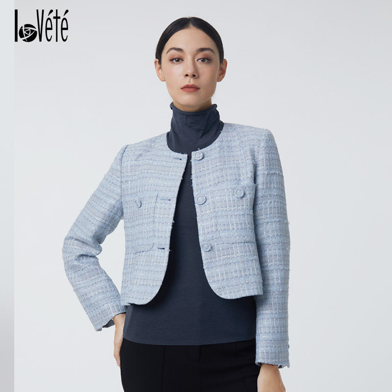 Lovete夏梵早春新款雾霾蓝小香风气质名媛粗花呢高级感外套女士