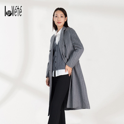 Lovete呢子大衣女秋冬新款灰色双排扣修身羊毛双面呢中长款大衣