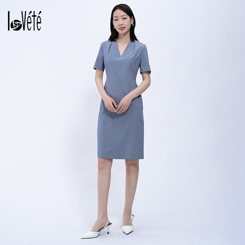 Lovete夏梵新款淡蓝色收腰系带显瘦商务通勤百搭连衣裙女士