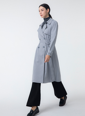 Lovete经典格纹风衣女外套秋冬新款中长过膝气质翻领休闲大衣防风