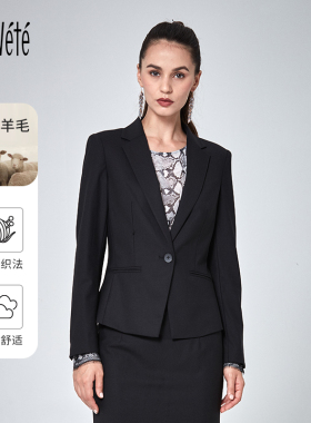 Lovete夏梵一粒扣职业套装女小西装女羊毛外套修身通勤黑色西服