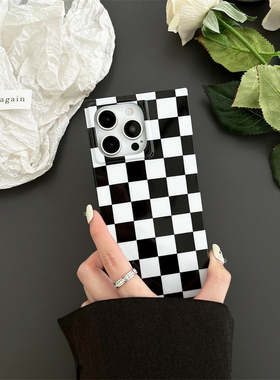 壳爱 黑白格子方形适用苹果17promax手机保护壳16高级感13promax保护套15拼色12ro壳14pro手机防摔个性小众
