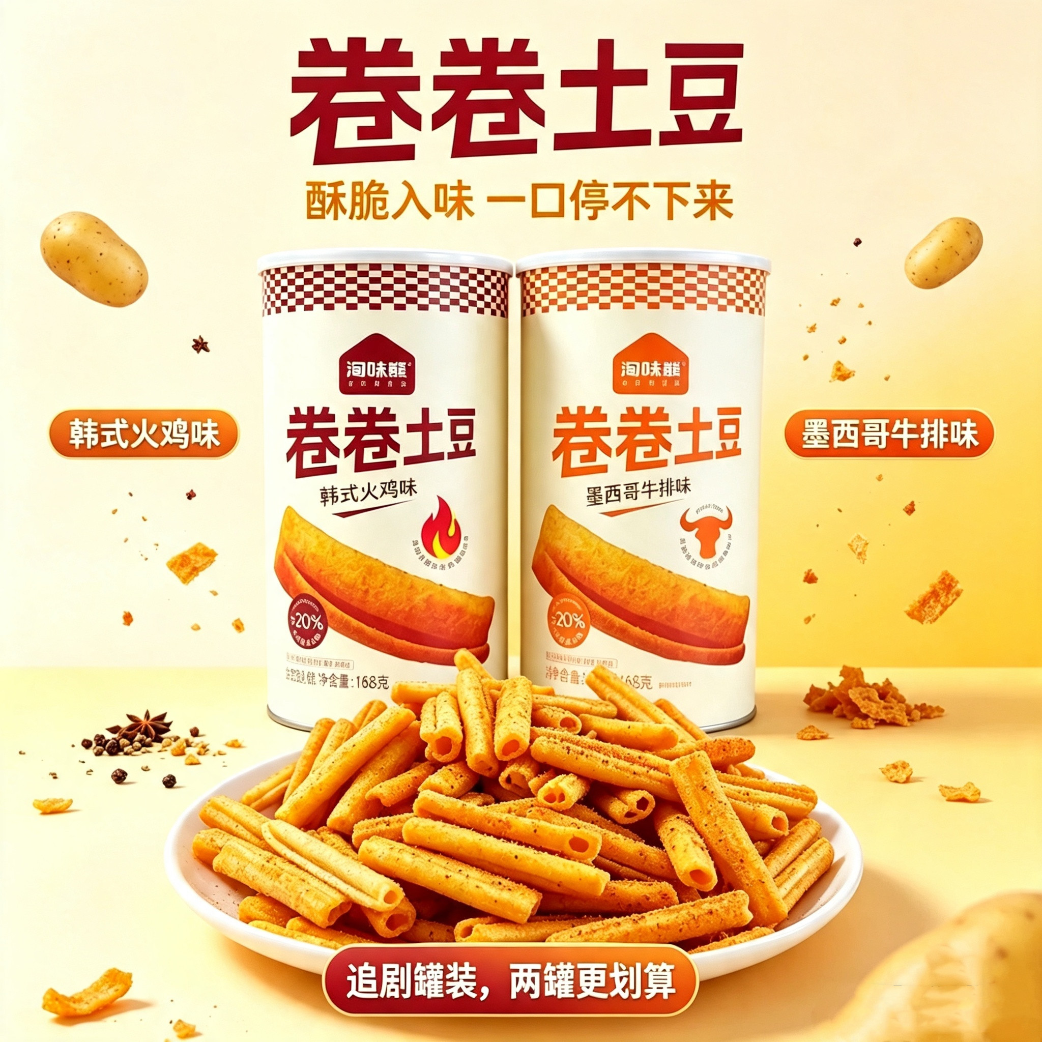 淘味熊卷卷土豆韩式火鸡墨西哥牛排薯条罐装网红休闲零食小吃解馋