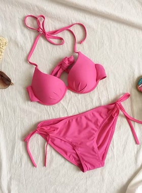 Sunset日落黄昏新款玫红比基尼两件套女游泳衣显瘦辣妹度假泳装