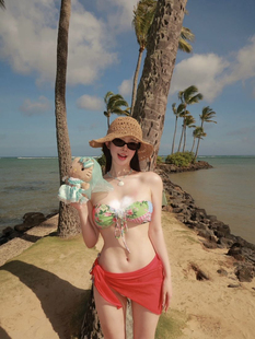 Sunset日落黄昏纯欲风红色显白印花比基尼分体泳衣女抹胸三件套