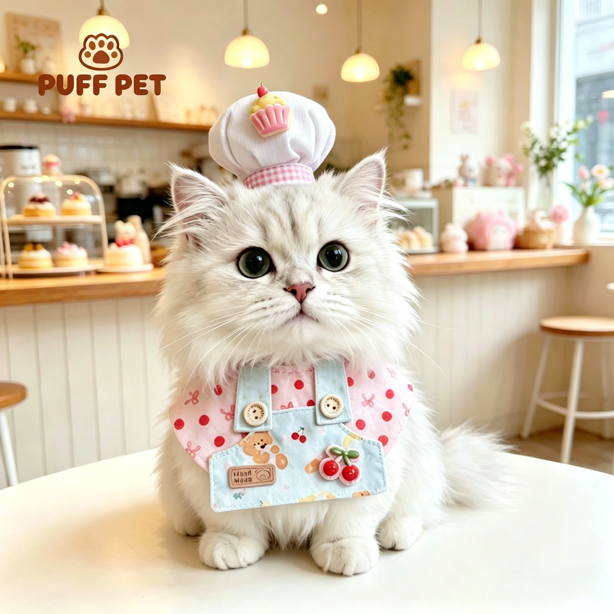 猫狗草莓印花背带围裙围脖套装